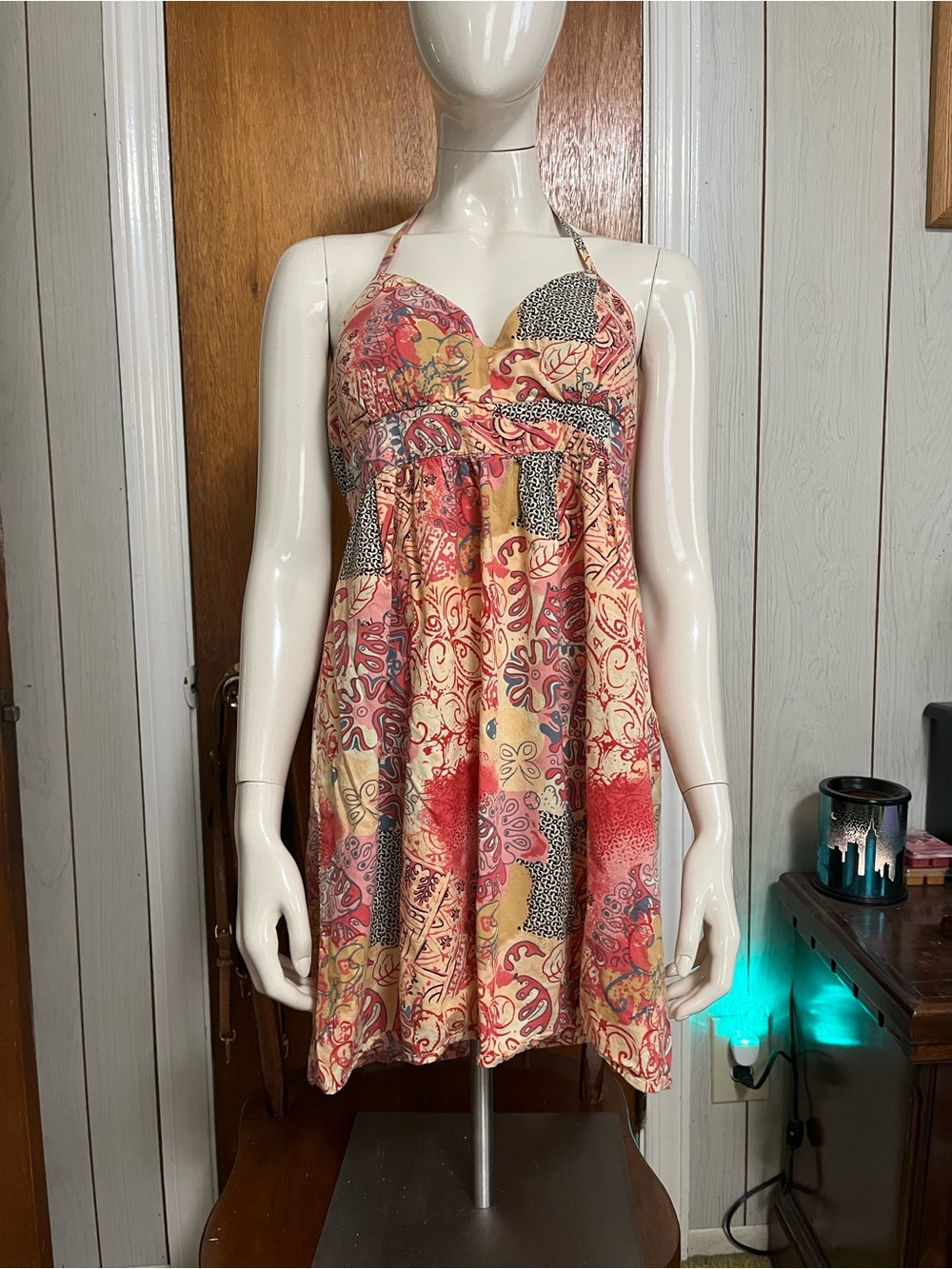 No Boundaries Halter Mini Dress in Pink and Yellow Multiprint